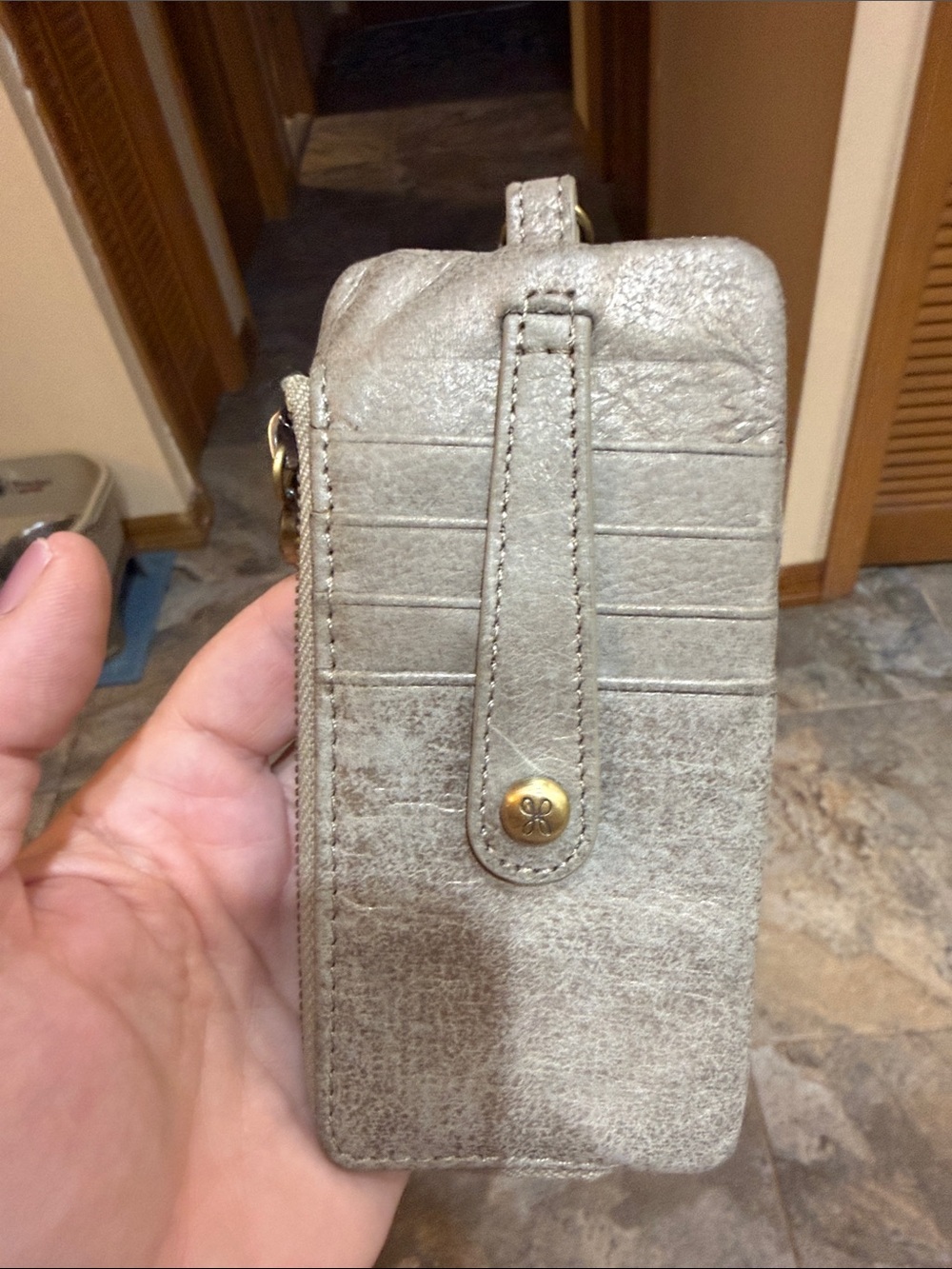 HOBO Metallic Silver Leather Wristlet Phone Case